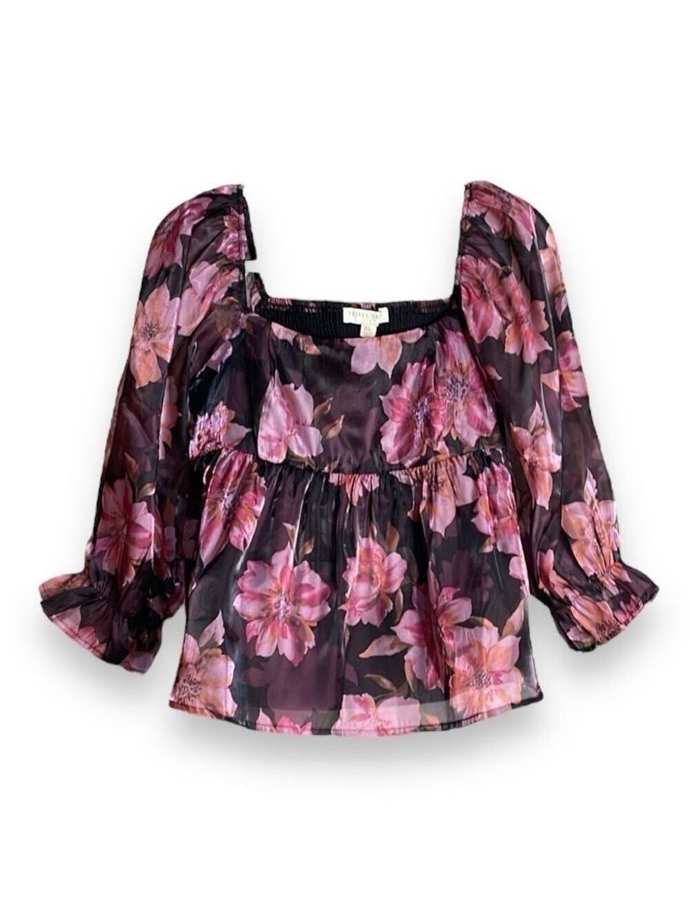 Boutique Empire Waist Babydoll Pink & Black Foral Crop Top Women’s XL Smocked
